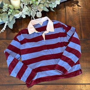 J. Crew Factory Burgundy and Blue Striped Rugby Polo